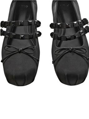 NEW! MANGO MNG Black Satin Ballet Flats With Studded Detail 9.5.